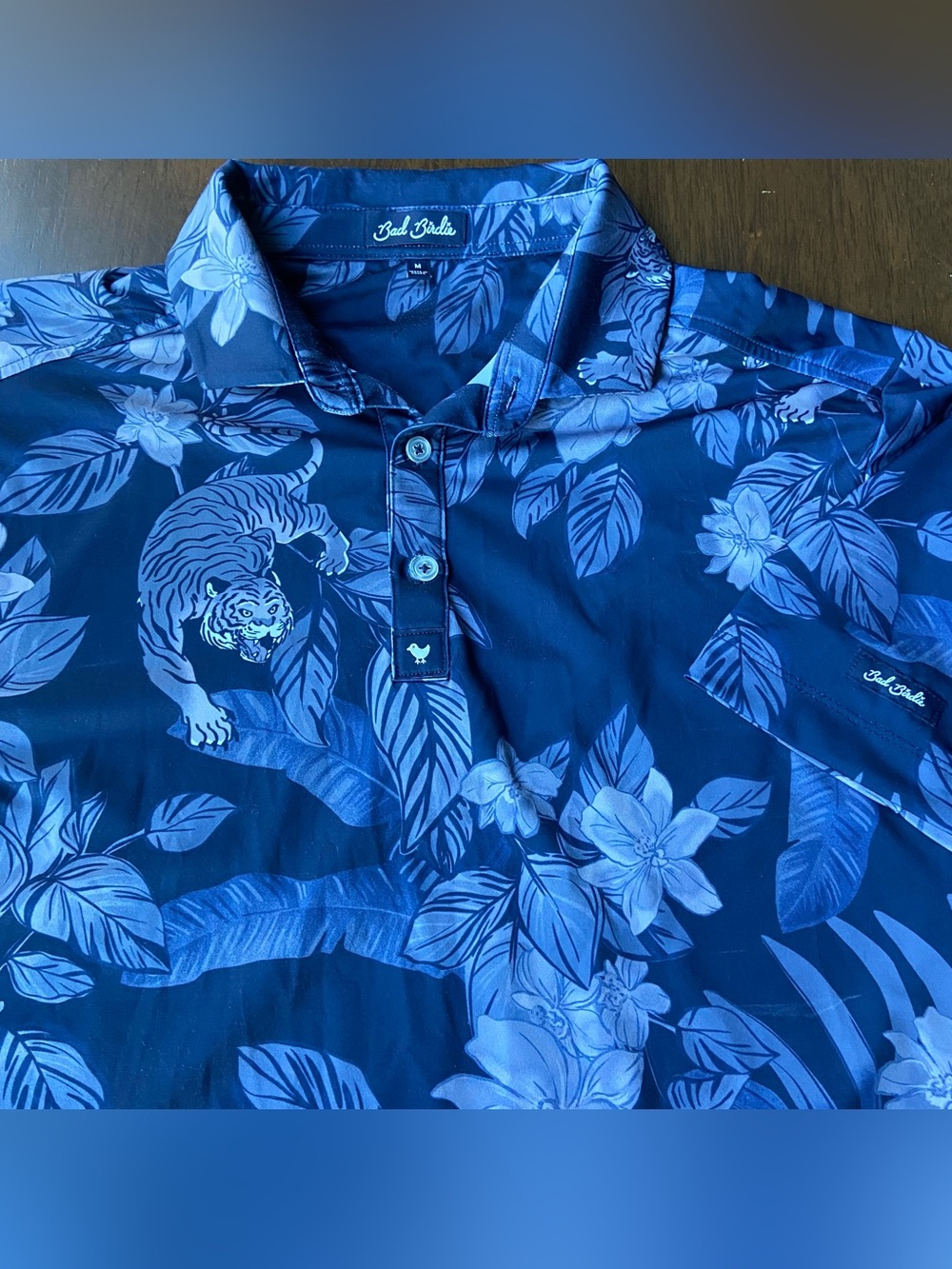 Bad Birdie Polo Shirt Mens M Blue Tiger Floral Golf Performance Stretch Short